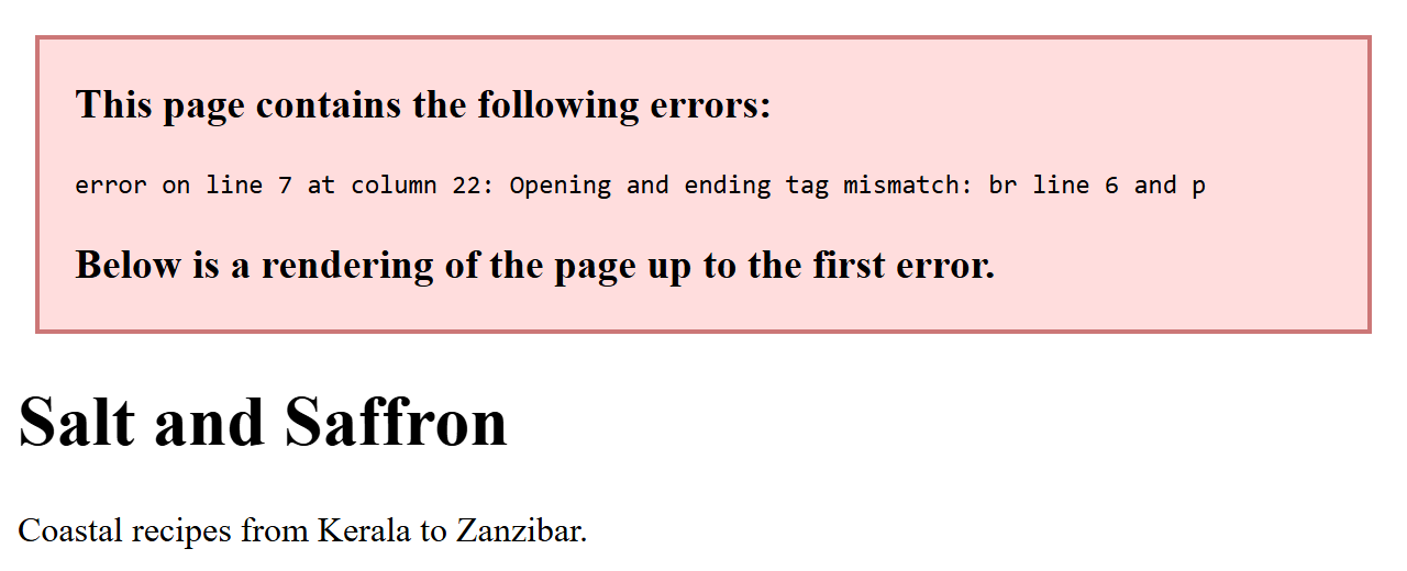 broken.xhtml in Chrome 154: the XML parser stops at the first error