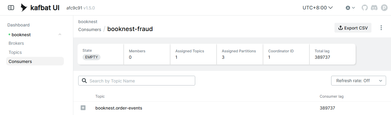 kafbat UI 1.5.0: the booknest-fraud group, 389,737 events behind