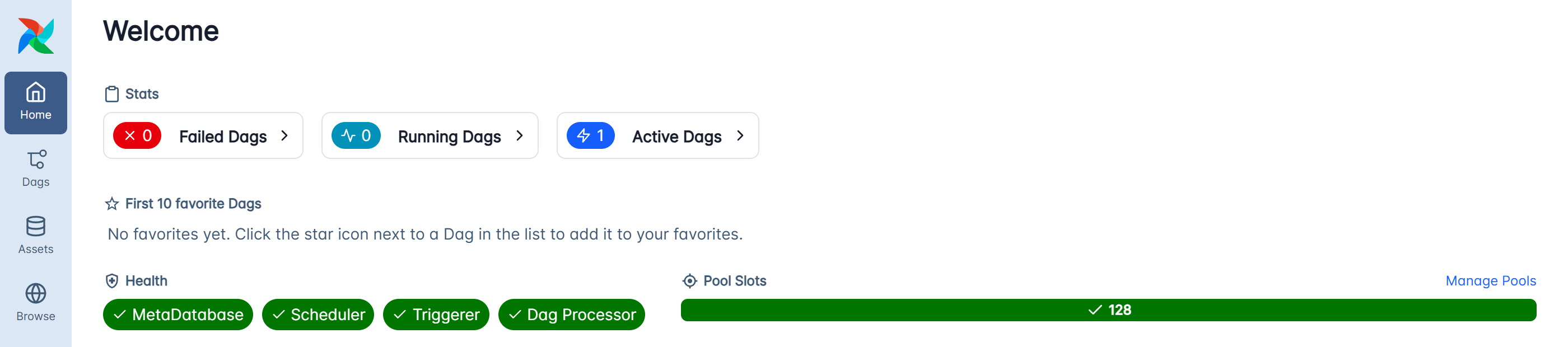 The Airflow 3.3.2 home page: run statistics, component health and pool slots