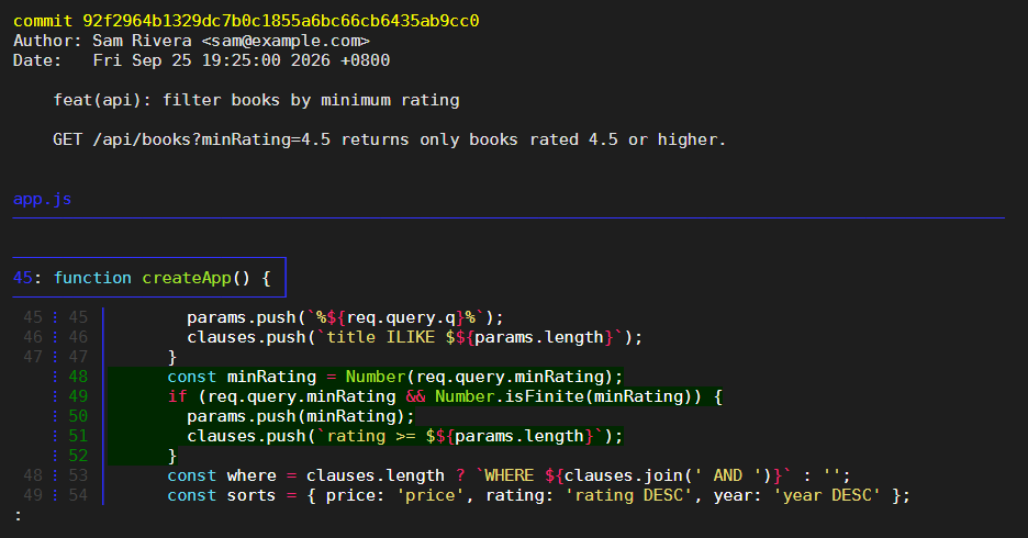 git show 92f2964 -- app.js paged through delta 0.18.2 in a 100-column terminal (captured with tmux, rendered with aha)