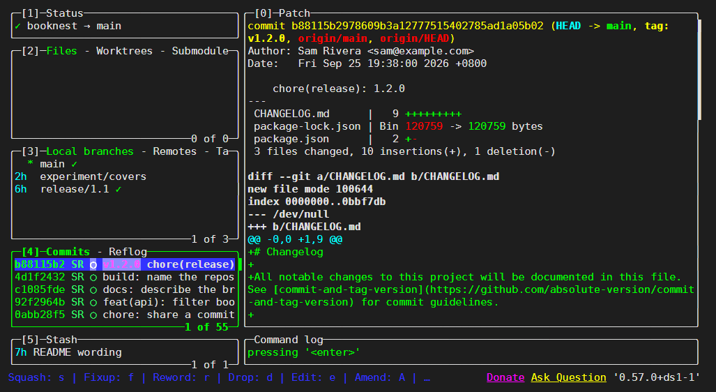 lazygit 0.57.0 on BookNest with the commits panel focused, in a 110-column terminal (captured with tmux capture-pane -e, rendered with aha and headless Chrome)