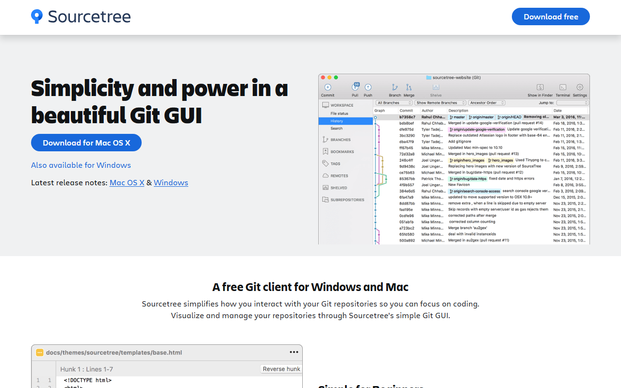 Sourcetree's home page, showing its history view (sourcetreeapp.com, September 2026)