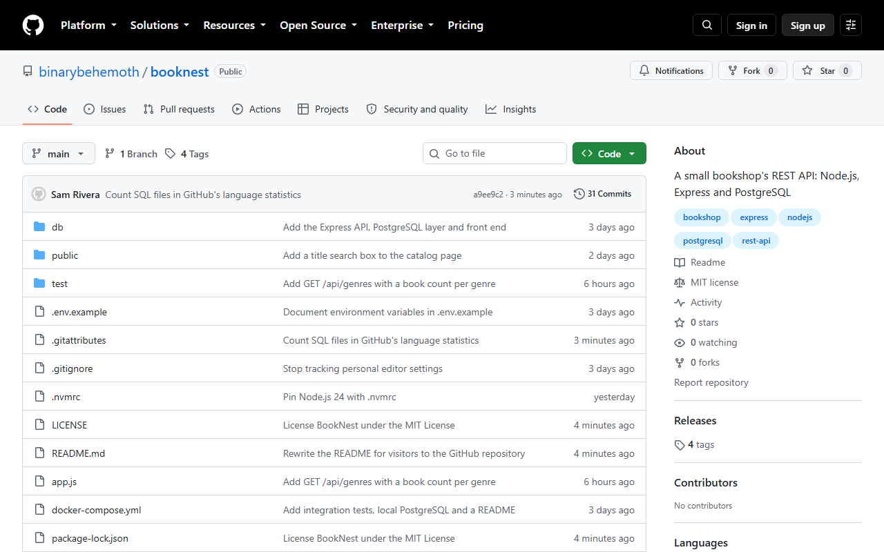 BookNest's public repository page on GitHub