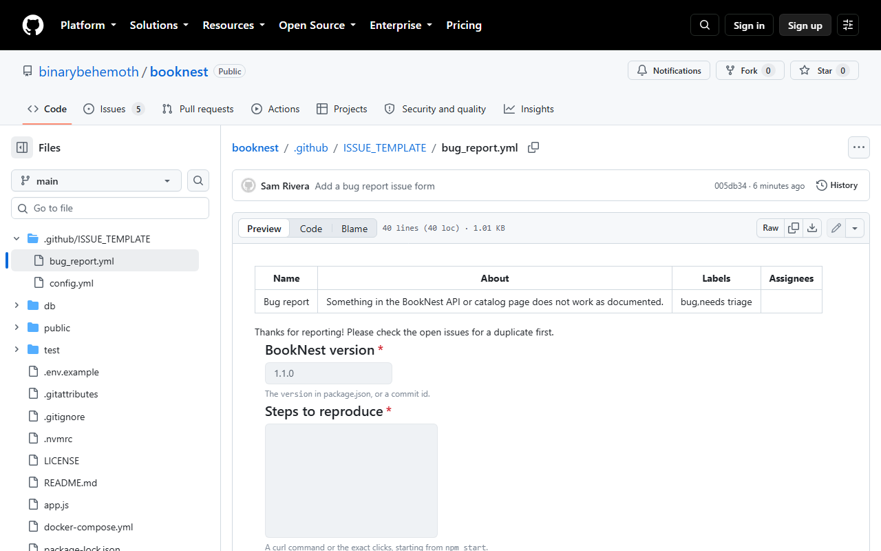 GitHub's preview of the bug report issue form