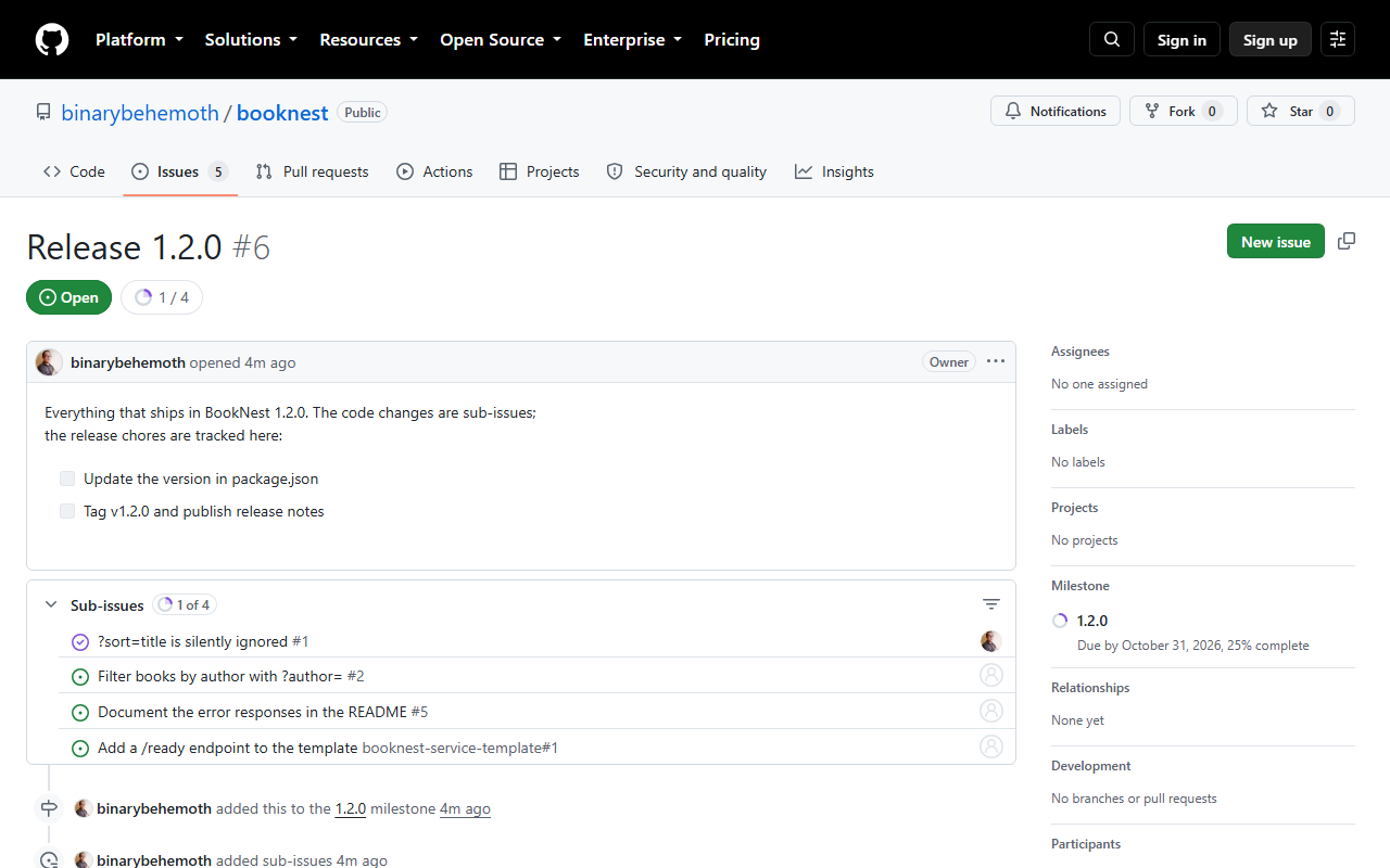 Tracking issue #6 with a task list and four sub-issues, one from another repository