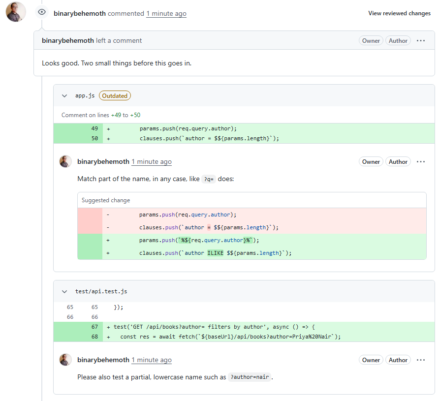 The review on pull request #7: a suggestion on app.js and a comment on the test