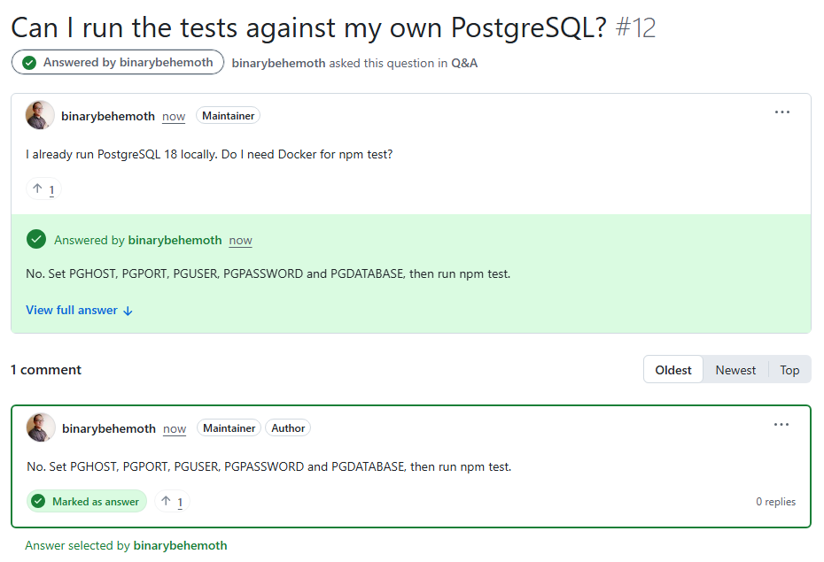 Discussion #12 in the Q&A category, with the marked answer