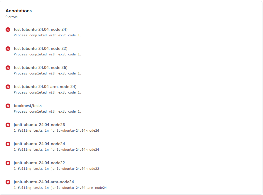 The annotations of the failed CI run for pull request #18: five from failing steps, four from the summary job