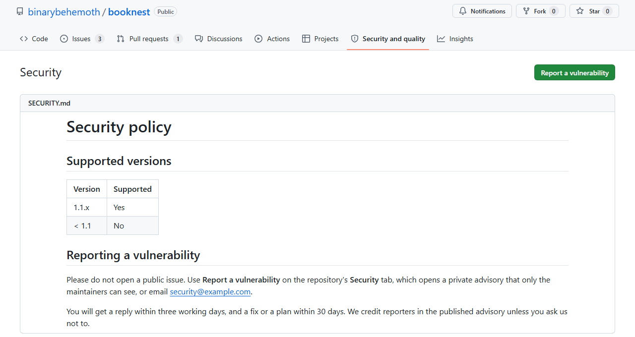 BookNest's Security and quality tab as a visitor sees it: the policy and the Report a vulnerability button