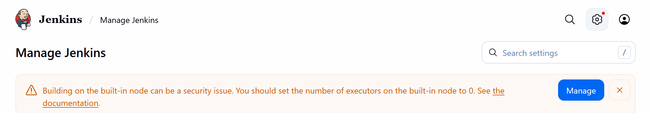 The warning shown while the built-in node has executors