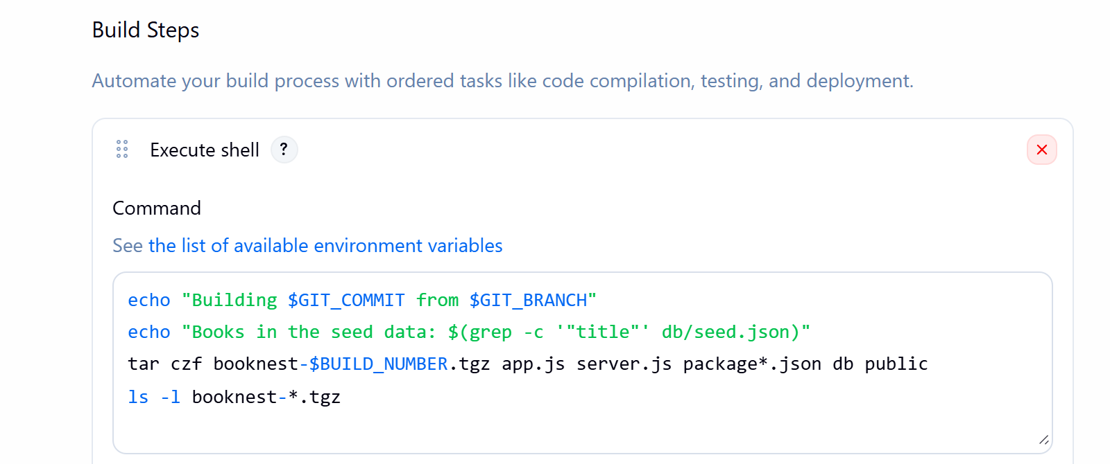 The Build Steps section of booknest-freestyle