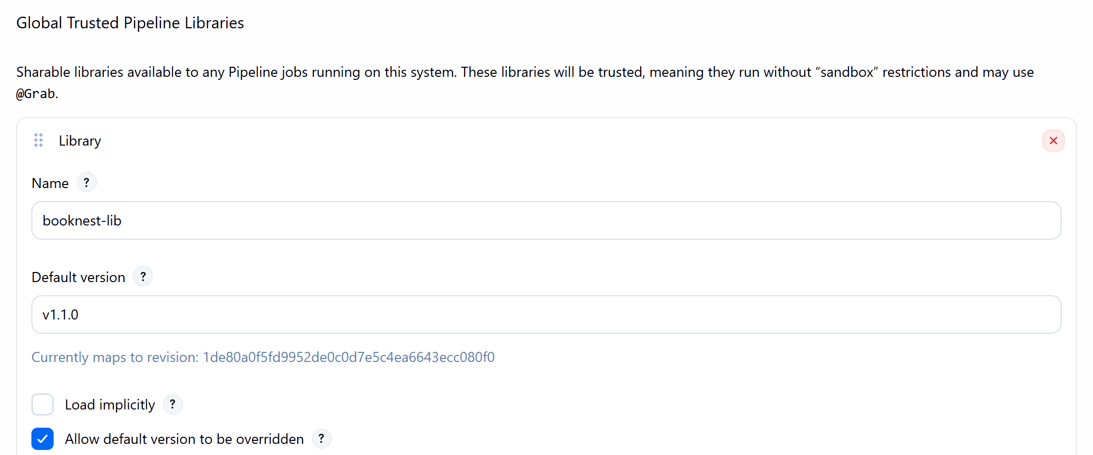 The booknest-lib entry in Global Trusted Pipeline Libraries