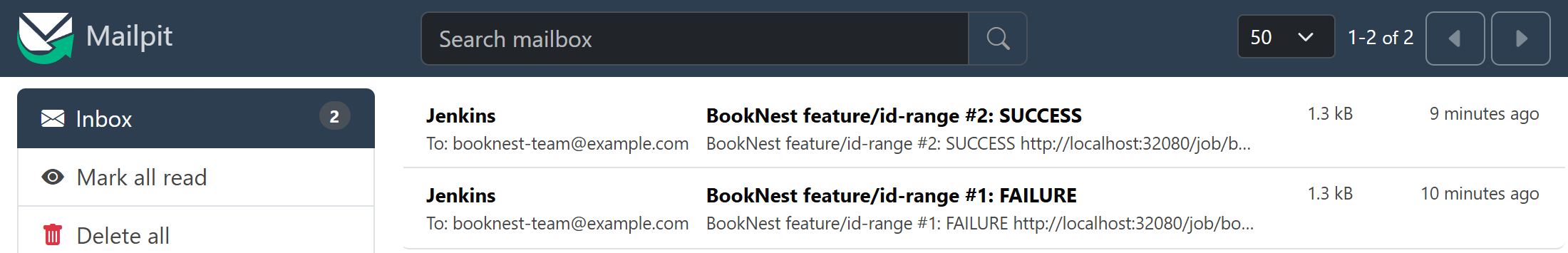Mailpit's inbox with the failure and the fix of feature/id-range