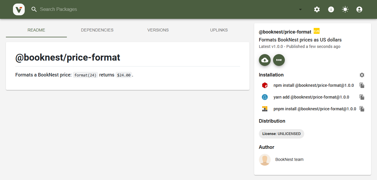 Verdaccio's web interface showing @booknest/price-format after login