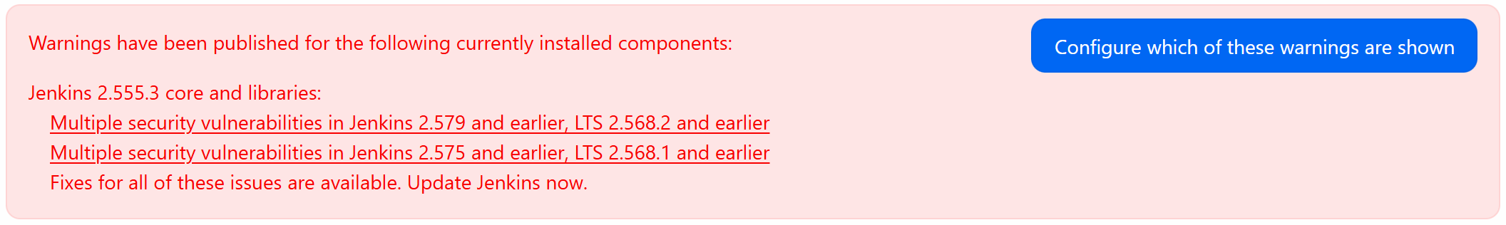 The update center's warnings on a 2.555.3 controller