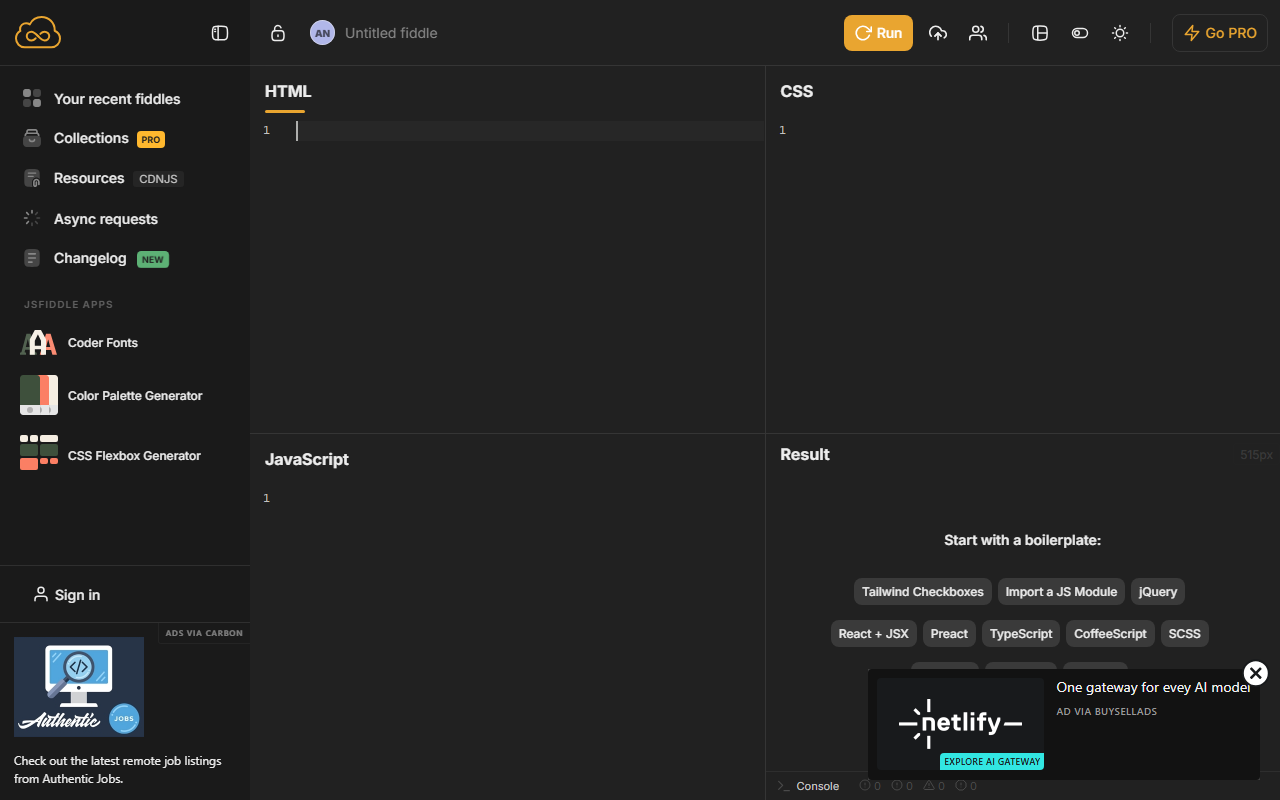 JSFiddle's four-pane editor: HTML, CSS, JavaScript and Result