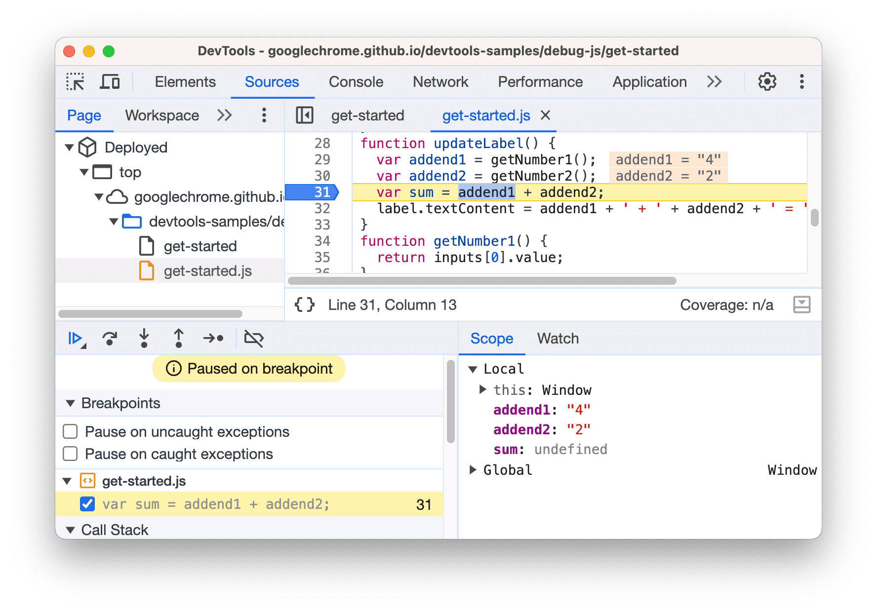 Paused on a breakpoint with the Breakpoints, Scope and Watch panes (image: developer.chrome.com, CC BY 4.0)