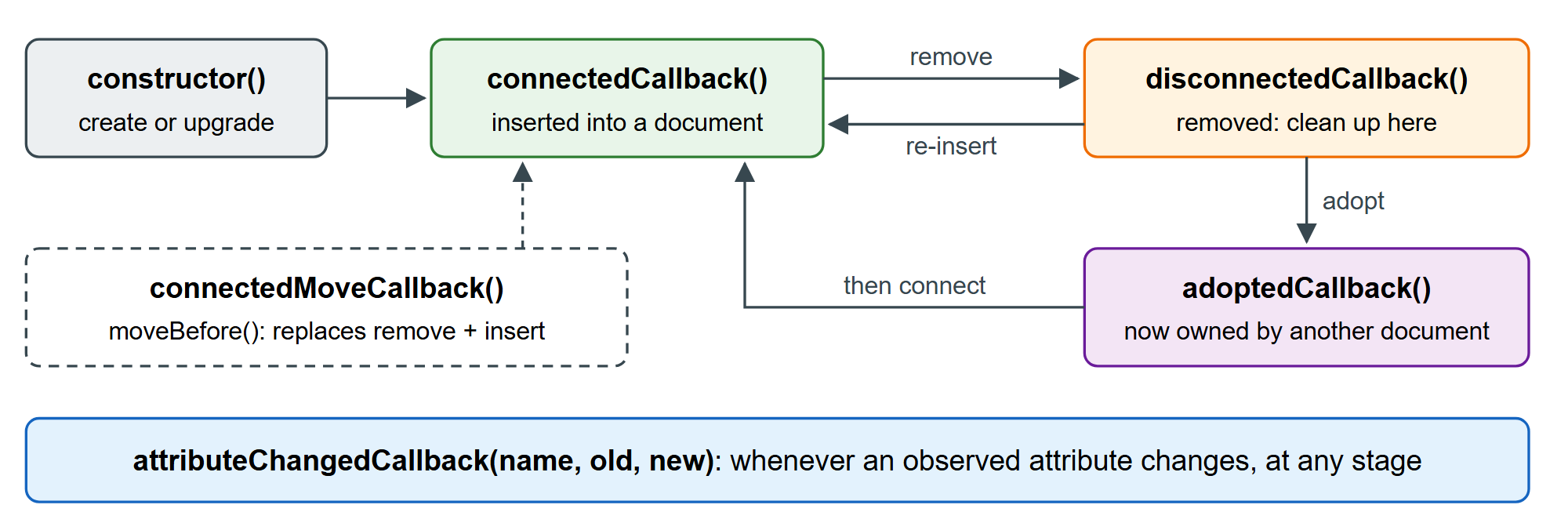 The custom element lifecycle and the event that triggers each callback
