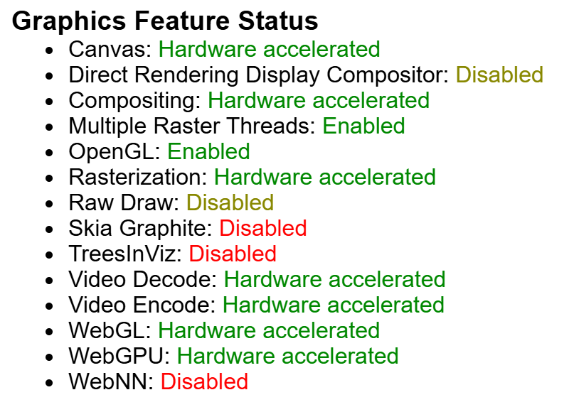 The Graphics Feature Status block of chrome://gpu in Chrome 154 on the GTX 1650 machine