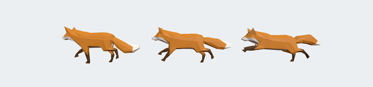 Walk, a blend and Run at mixer time 0.3 s. Fox model by PixelMannen (CC0), rigging and animation by tomkranis (CC BY 4.0), glTF conversion by @AsoboStudio and @scurest (CC BY 4.0), via the Khronos glTF Sample Assets