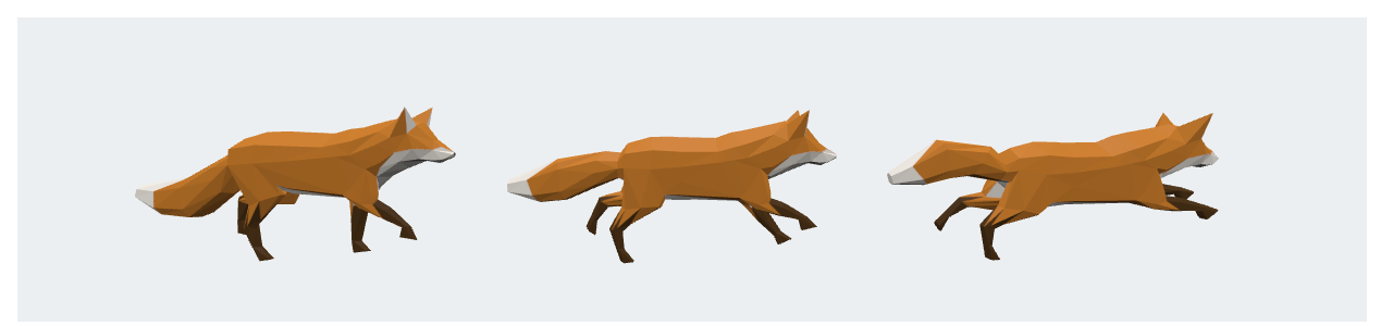 Walk, a 50/50 blend and Run at frame 18 (0.3 s). Fox model by PixelMannen (CC0), rigging and animation by tomkranis (CC BY 4.0), glTF conversion by @AsoboStudio and @scurest (CC BY 4.0), via the Khronos glTF Sample Assets