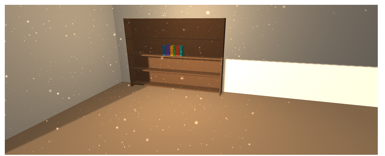 A single frame of the dust motes: up to 1,500 particles drifting in BookNest's sunlit room