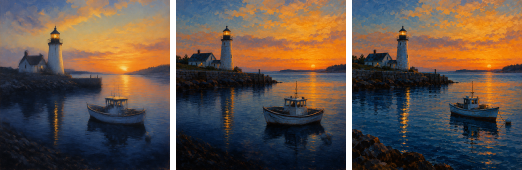 The partial images at 10.2 s and 11.8 s and the final image at 13.0 s. Flare, medium quality, 1024x1024, $0.0179