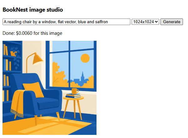 The studio page in headless Chrome 154 after one real generation through server.mjs (Flare, low, $0.0060)