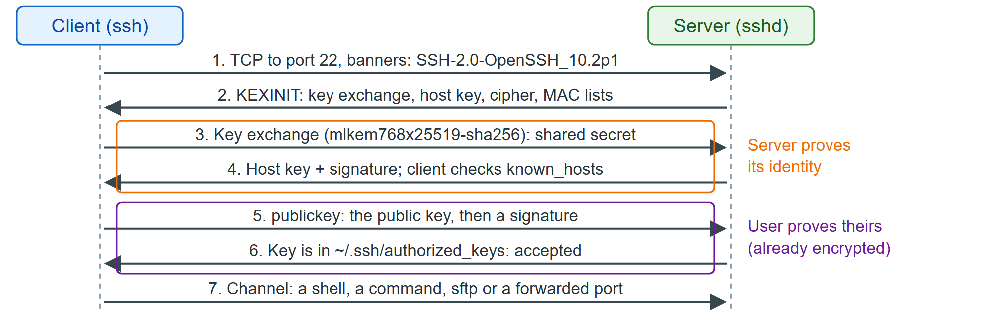 The stages of an SSH connection, from TCP handshake to a running command