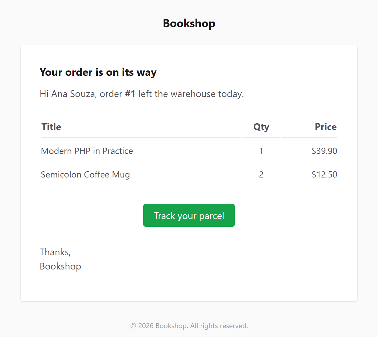The rendered HTML of OrderShipped for order 1, captured in headless Chrome