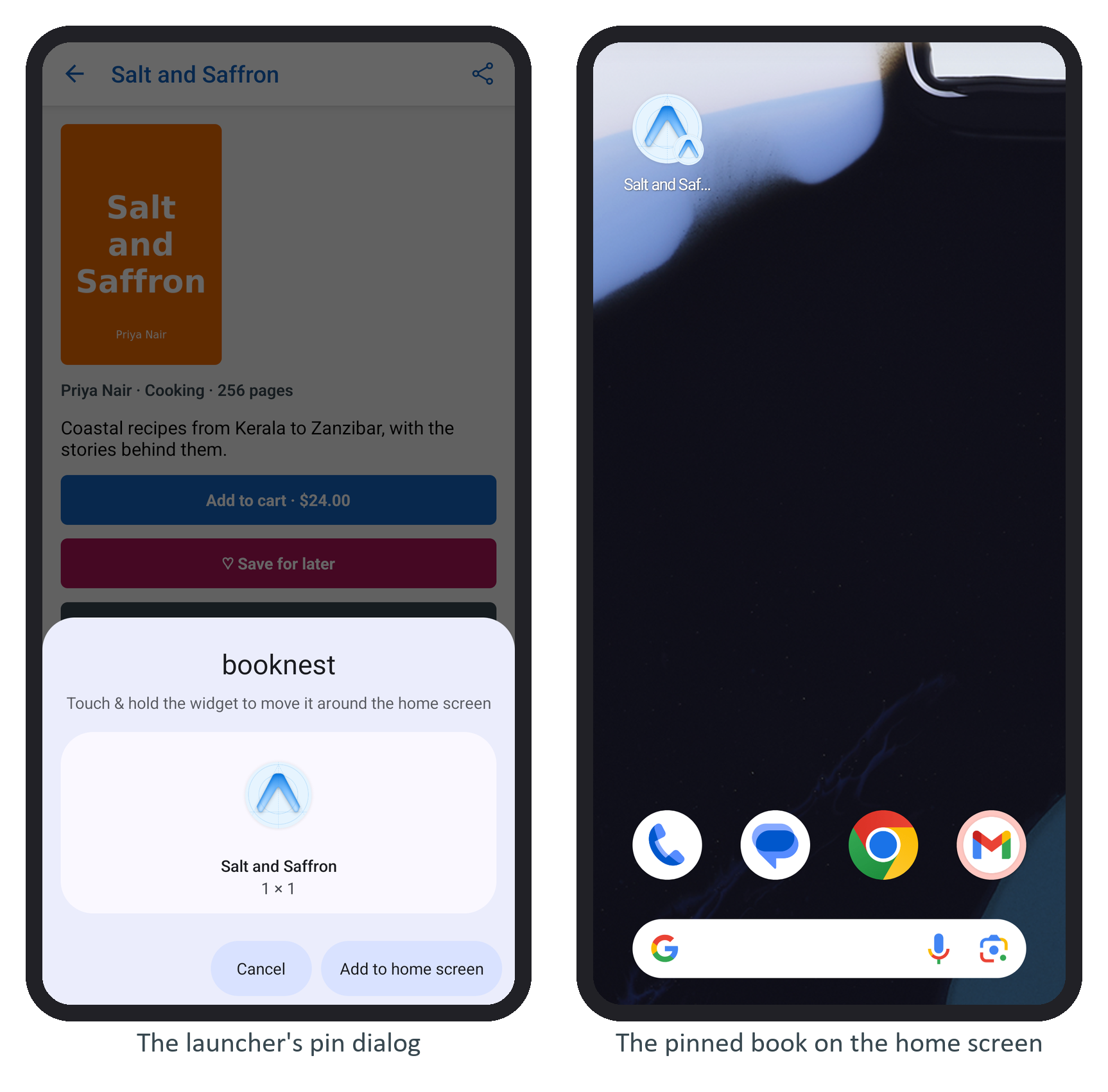Pinning Salt and Saffron from its book screen, and the shortcut on the launcher