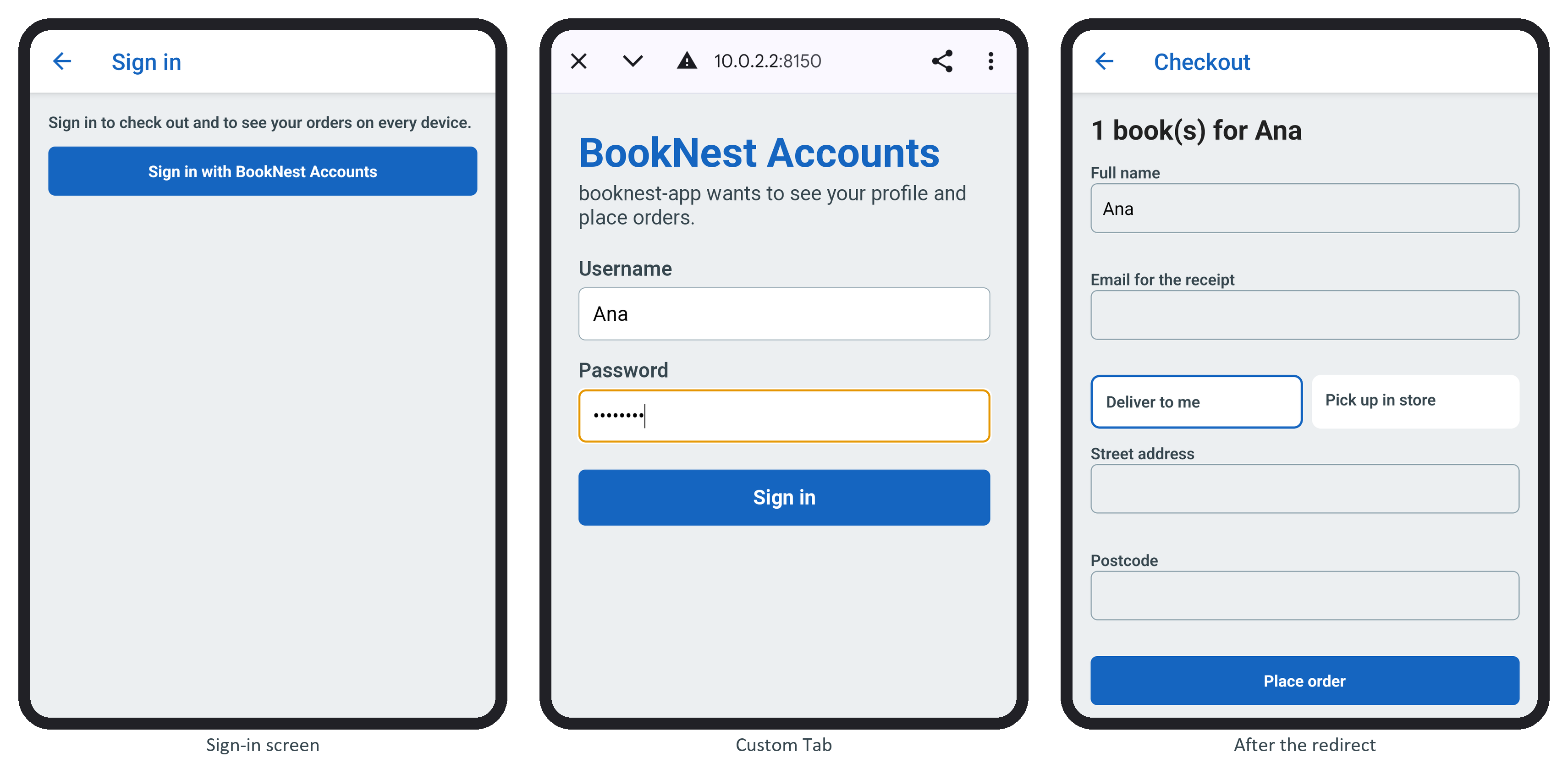 BookNest's sign-in screen, the login page in a Chrome Custom Tab, and the checkout after the redirect