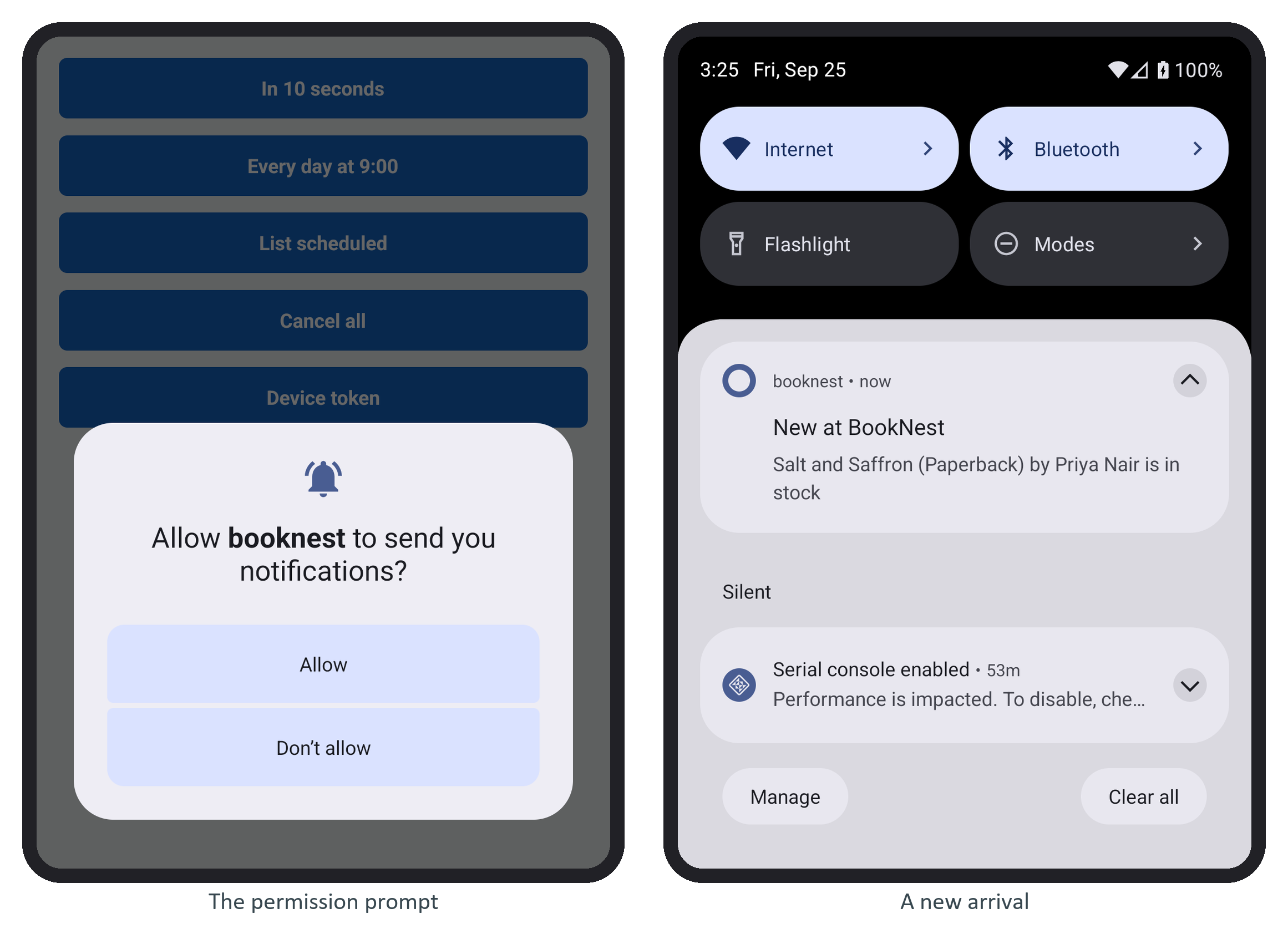 The notification permission prompt, and a new arrival in the notification shade