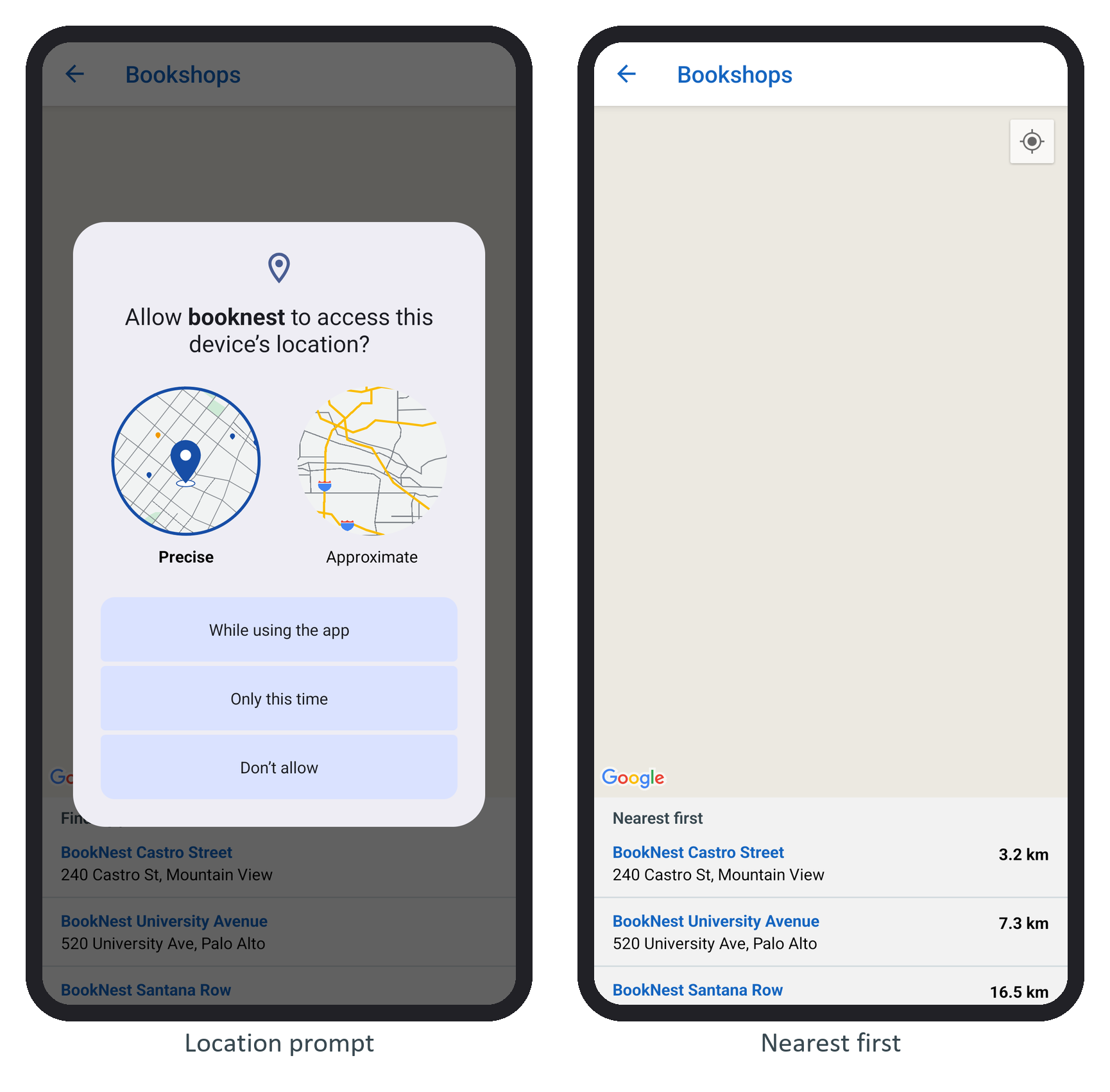 Android's location prompt, and the store locator with its list sorted by distance (the map needs a Google API key)