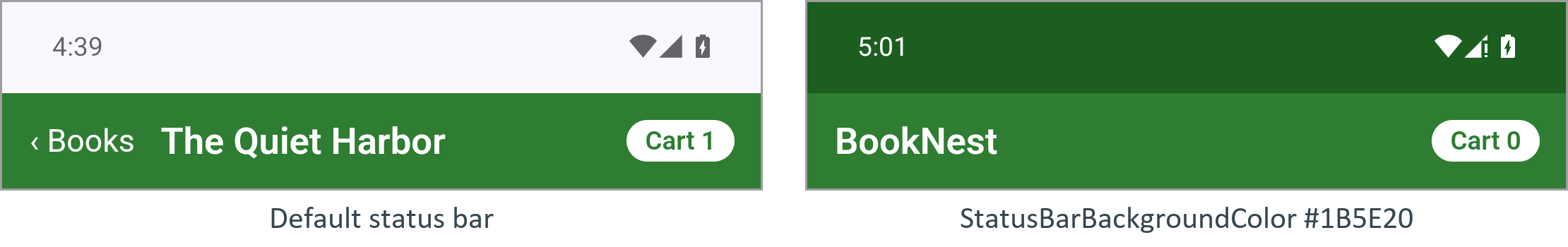 The top of BookNest before and after setting StatusBarBackgroundColor