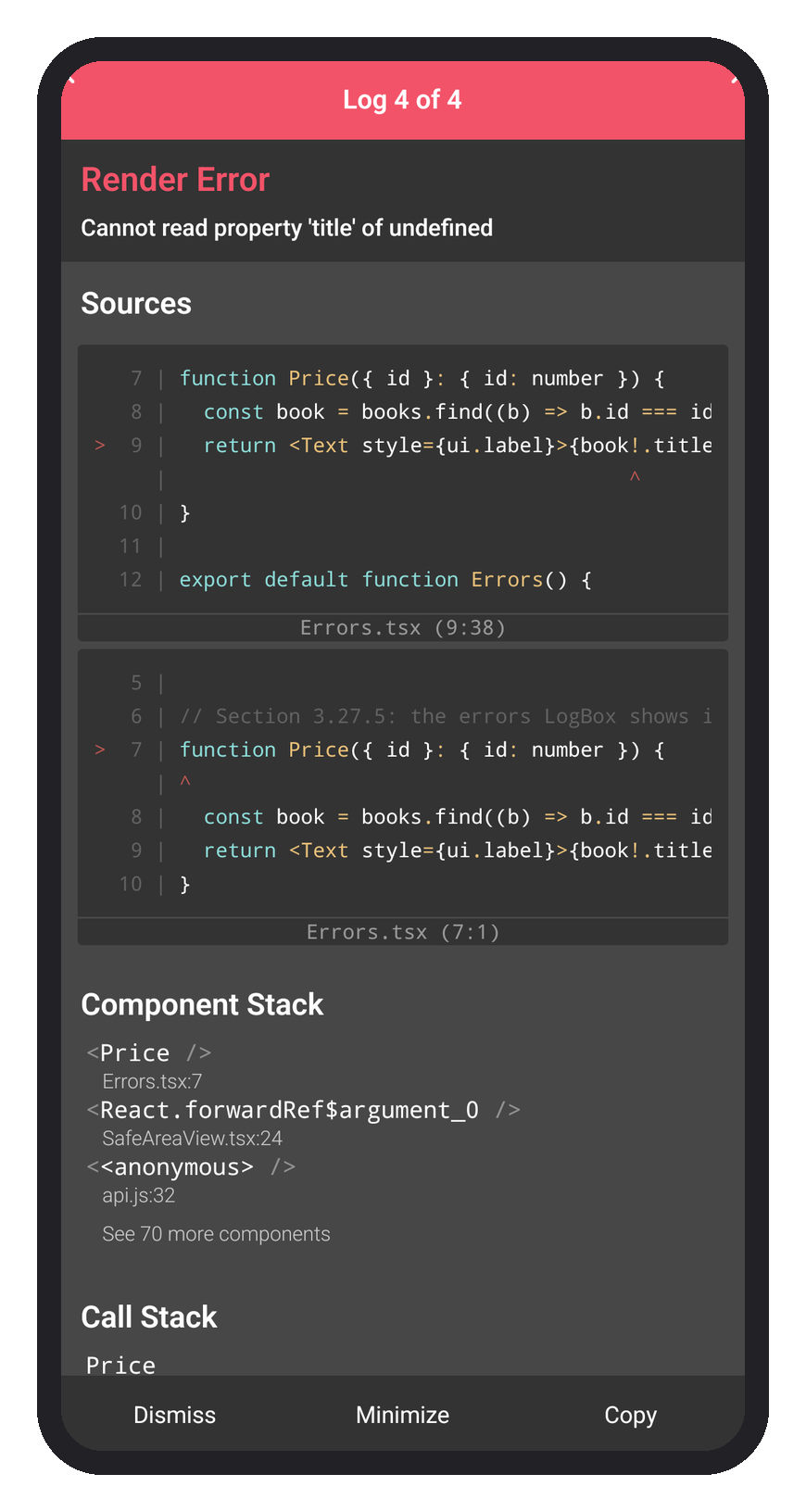 The red box for a render error: message, source, component stack and call stack