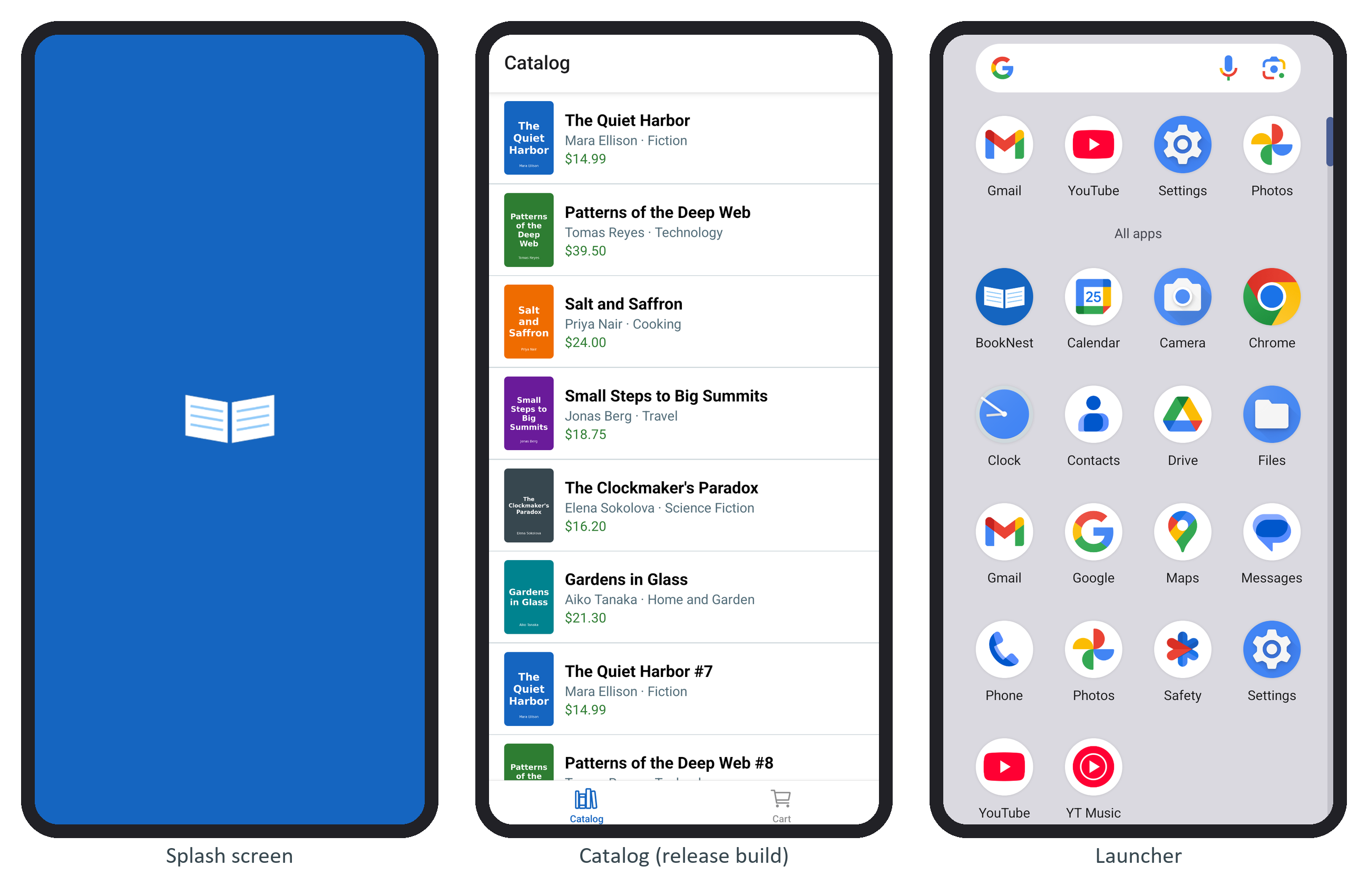 BookNest 1.1.0 from the signed release: the splash screen, the catalog, and the new icon in the launcher