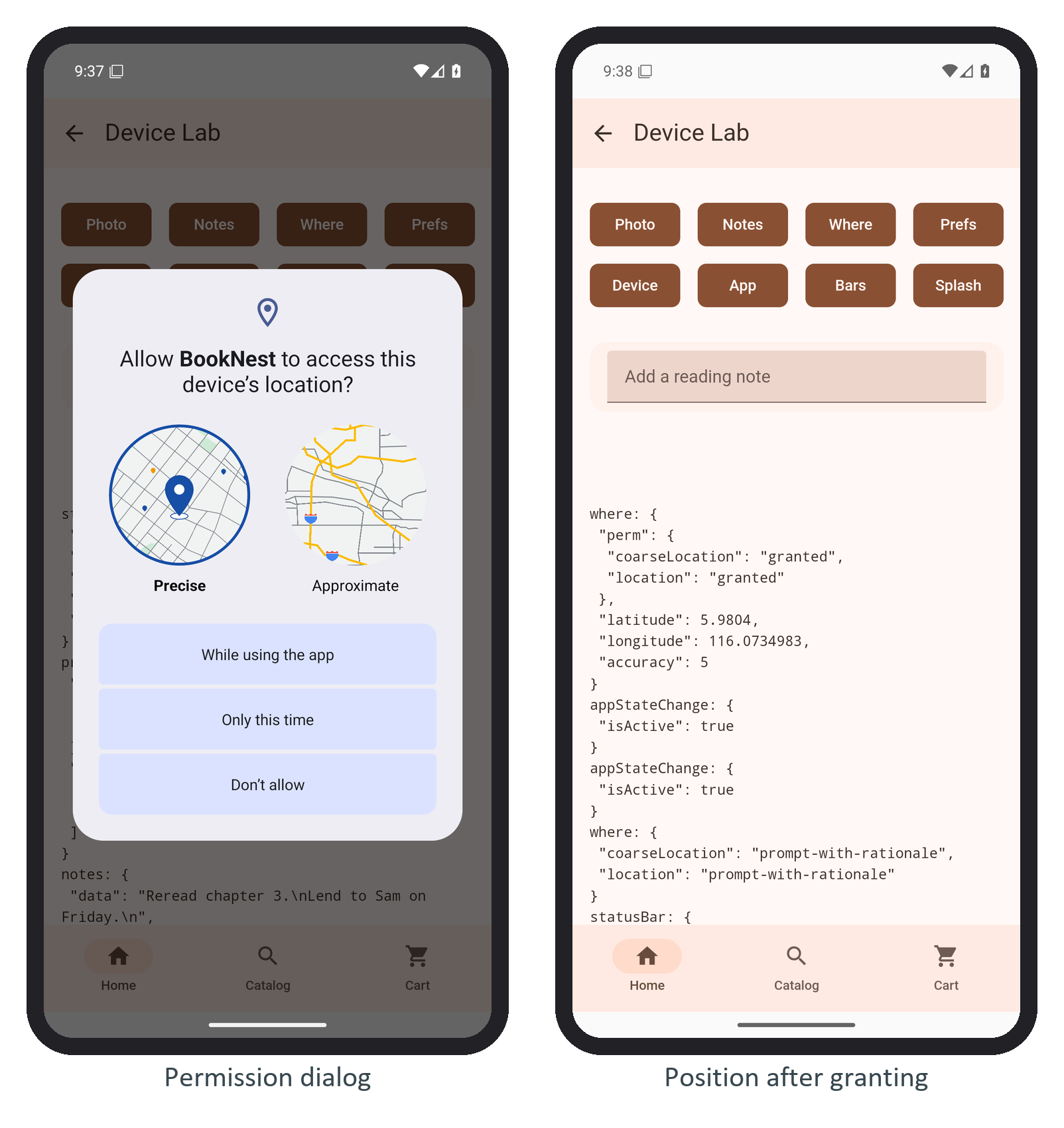 Android 16's location dialog with its Precise and Approximate choice, and the position it returned