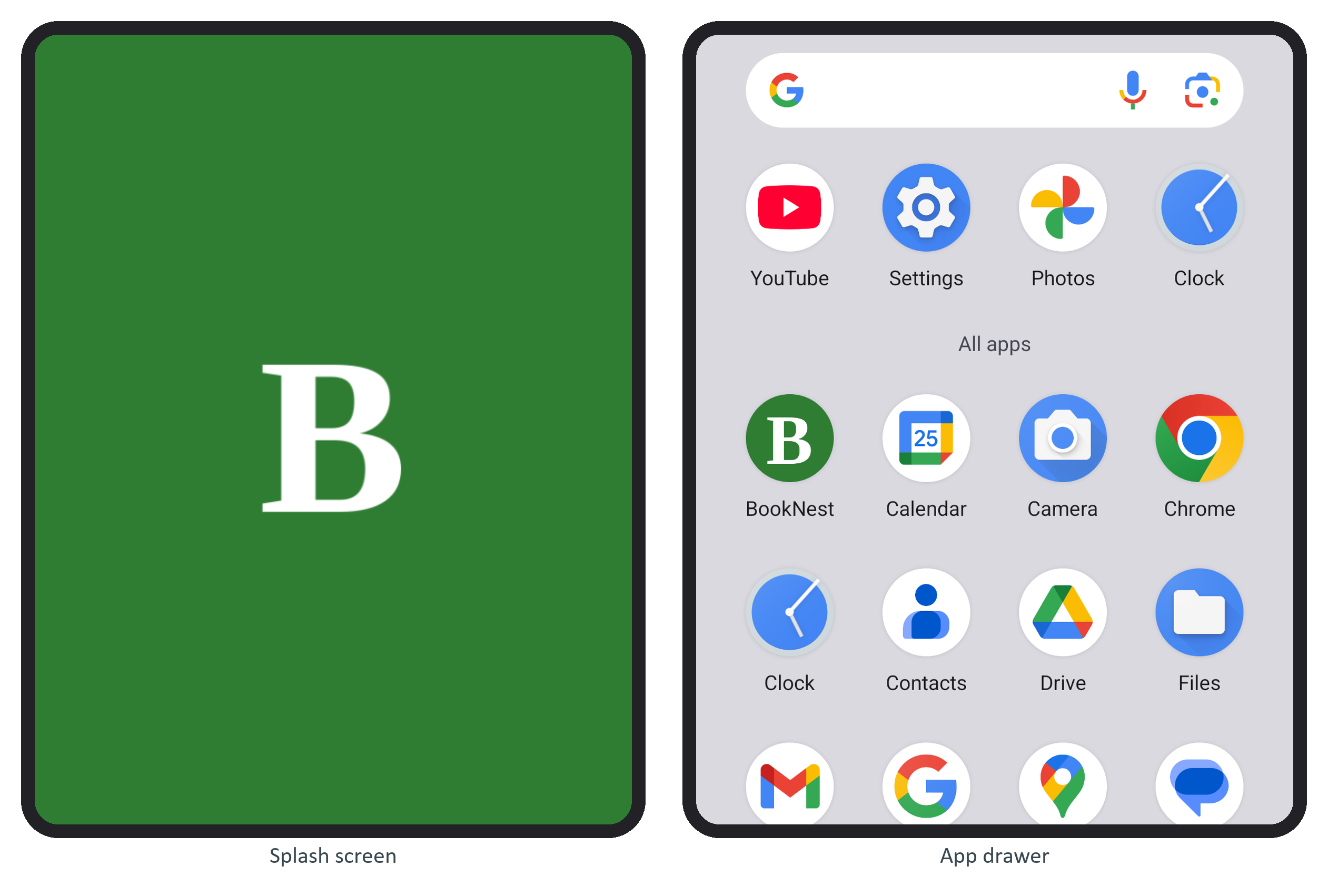 BookNest's splash screen and its adaptive icon in the Android 16 app drawer