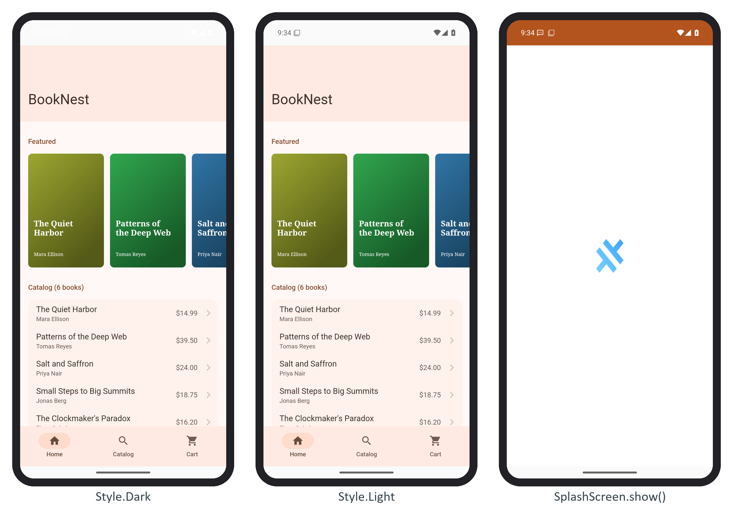 The status bar with Style.Dark and Style.Light, and the splash screen shown by SplashScreen.show()