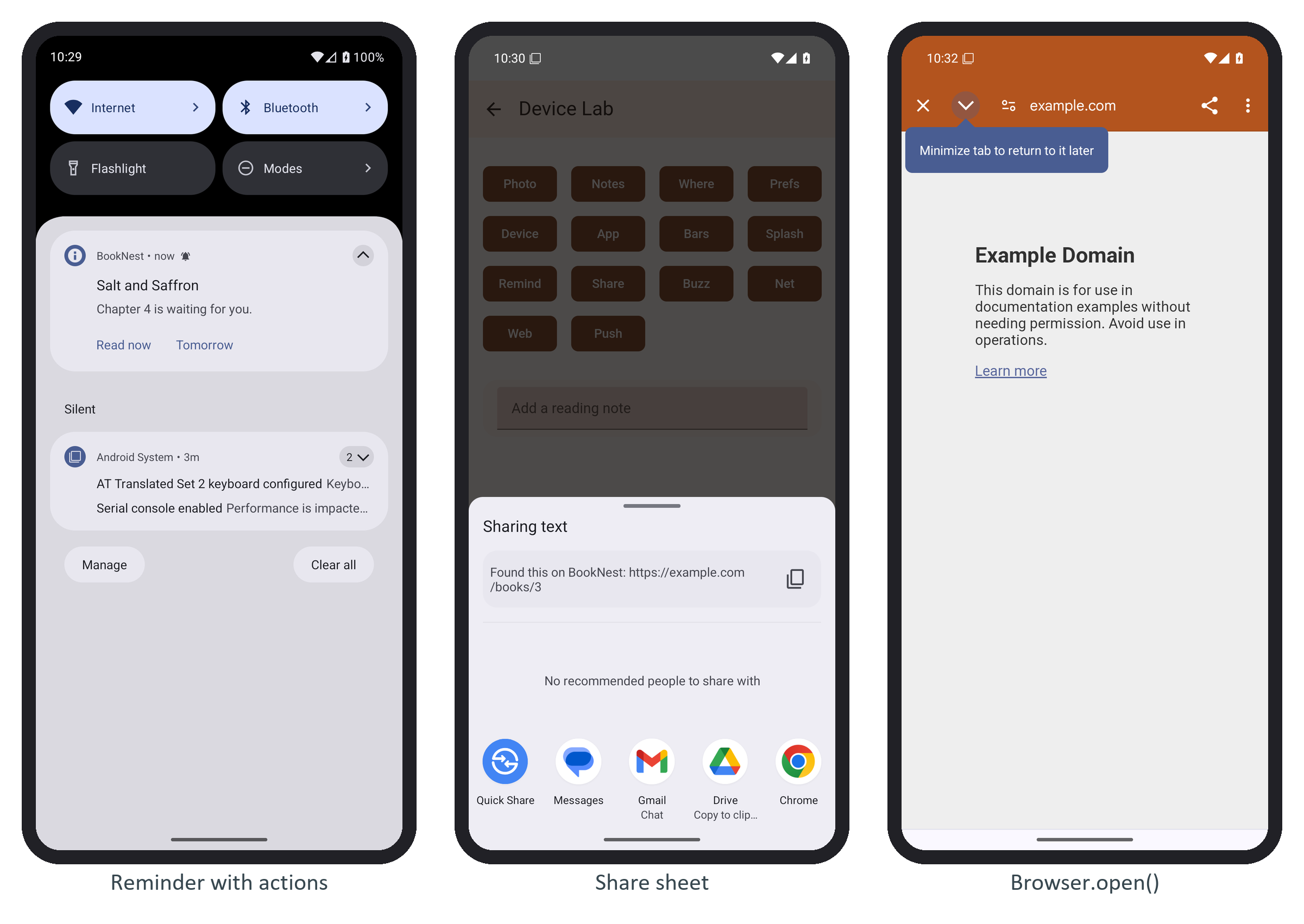 A local notification with its two actions, the Android share sheet, and a Chrome Custom Tab opened by Browser