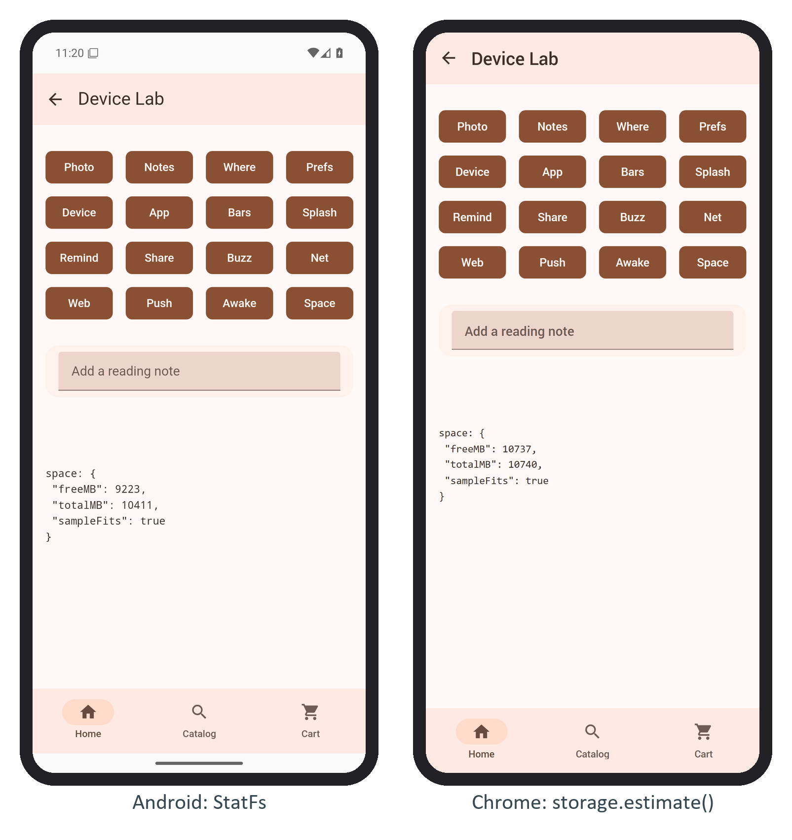 The Space button on the emulator (StatFs) and in Chrome (the web fallback)
