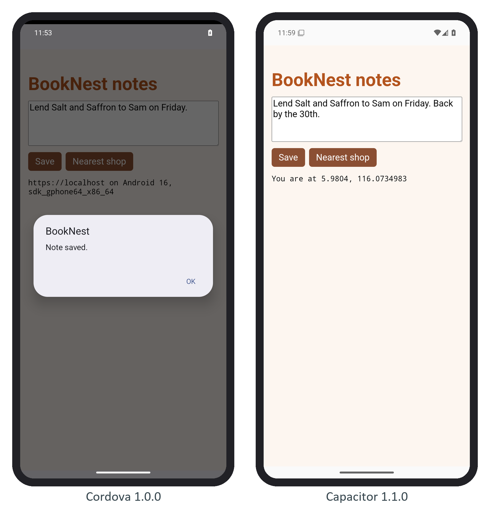 The notes app before and after migration: the Cordova build's dialog, and the Capacitor build with the note intact and a position from @capacitor/geolocation