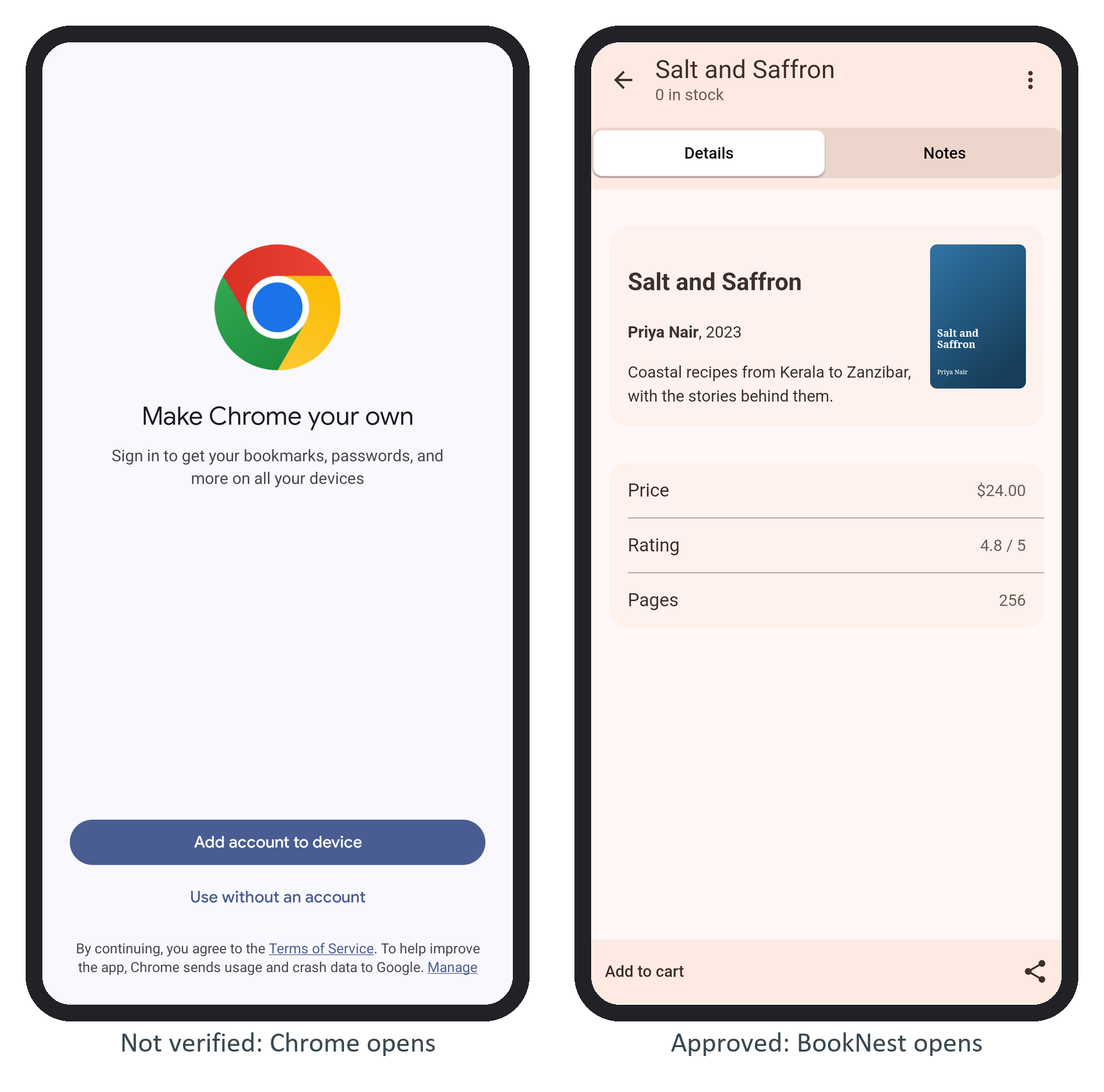 The App Link before verification opens Chrome (at its first-run screen on this fresh emulator), and after the domain is approved opens BookNest directly on the book page