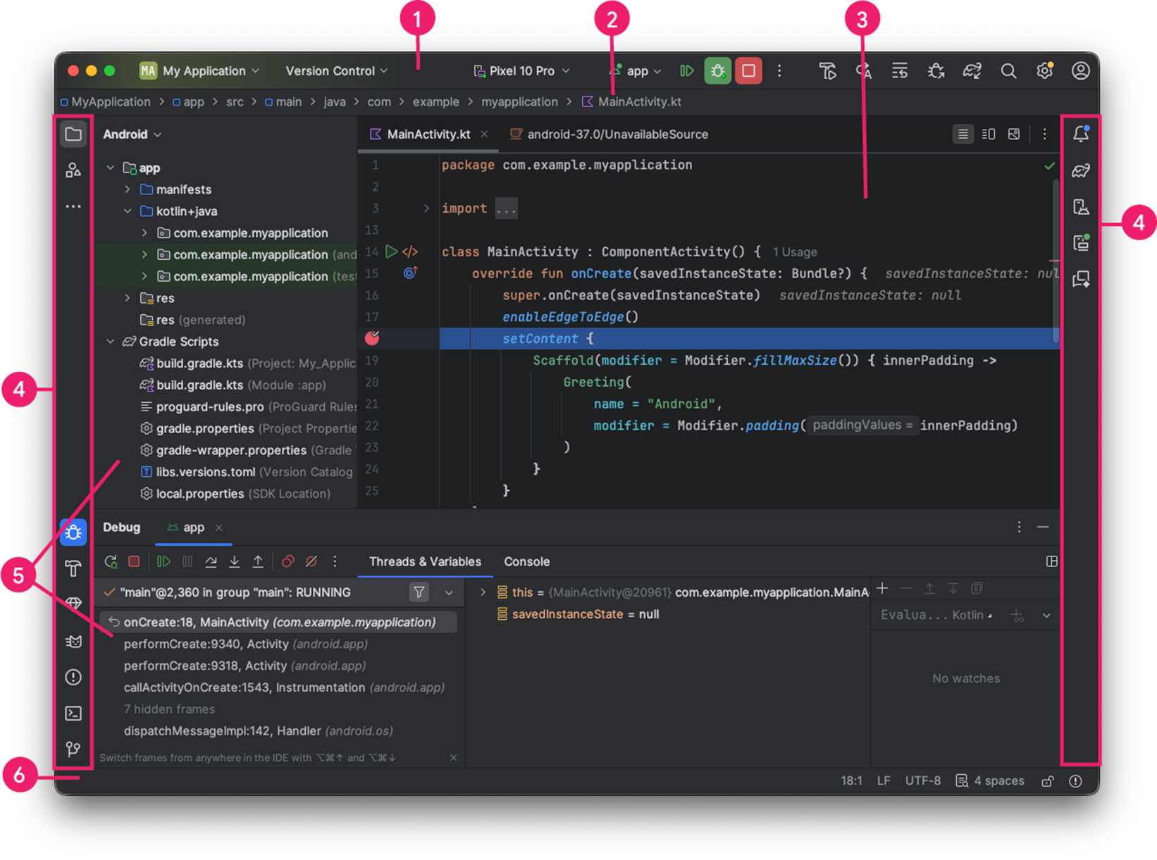 Android Studio paused at a breakpoint in a new Compose project: (1) toolbar, (2) navigation bar, (3) editor, (4) tool window bars, (5) tool windows, (6) status bar (image: developer.android.com, CC BY 4.0)