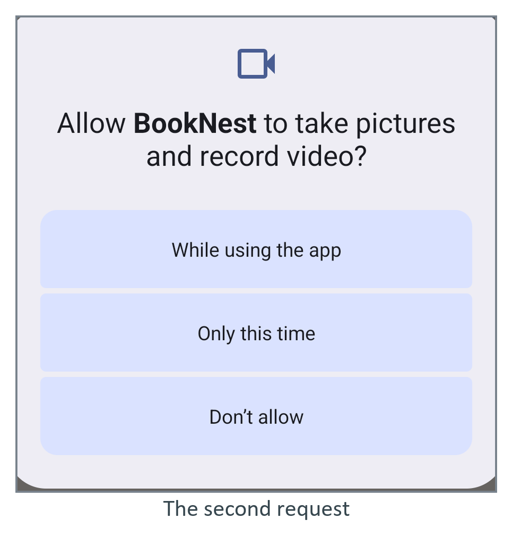 The camera permission dialog on its second request