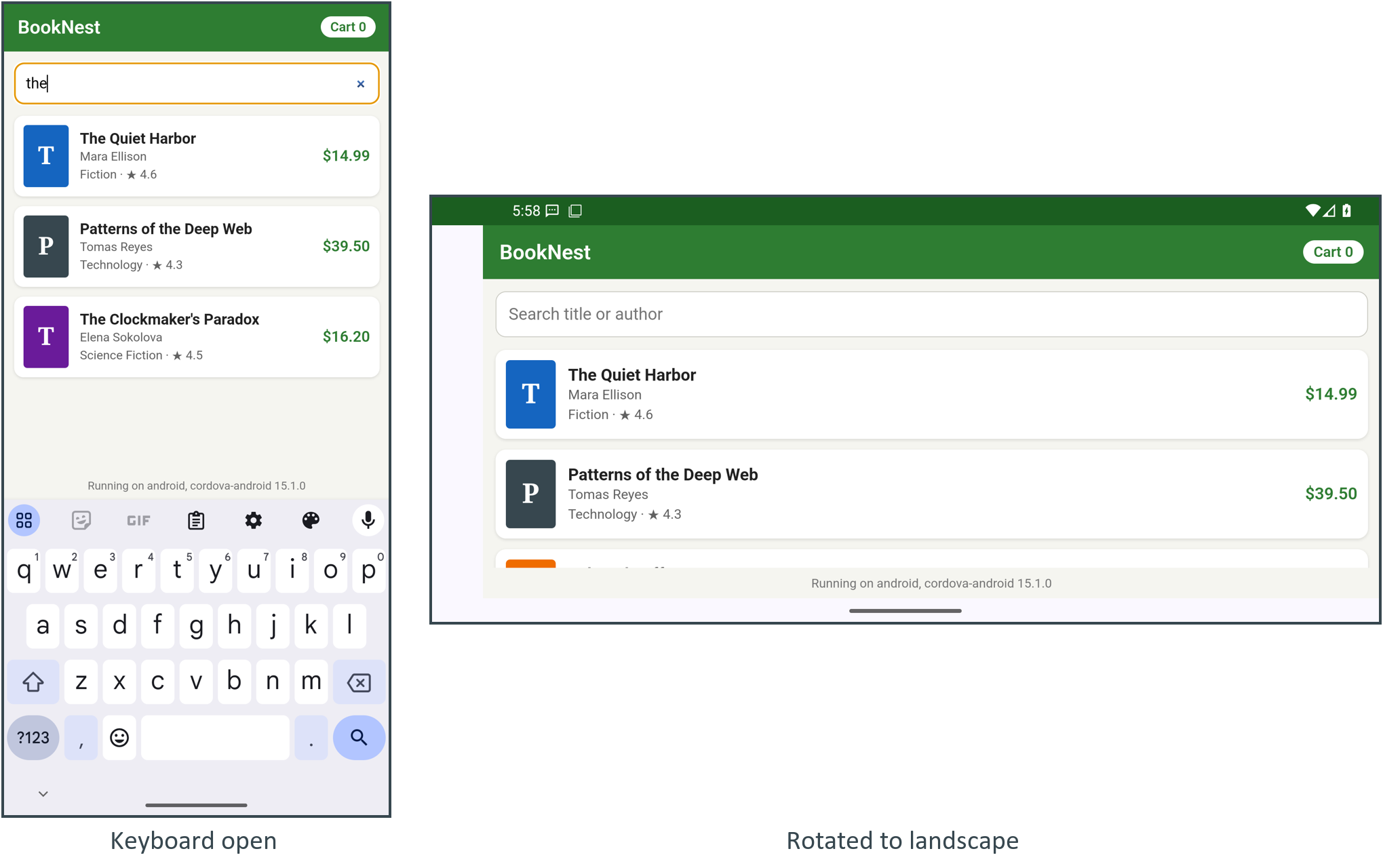 BookNest with the keyboard open, filtering on "the", and rotated to landscape