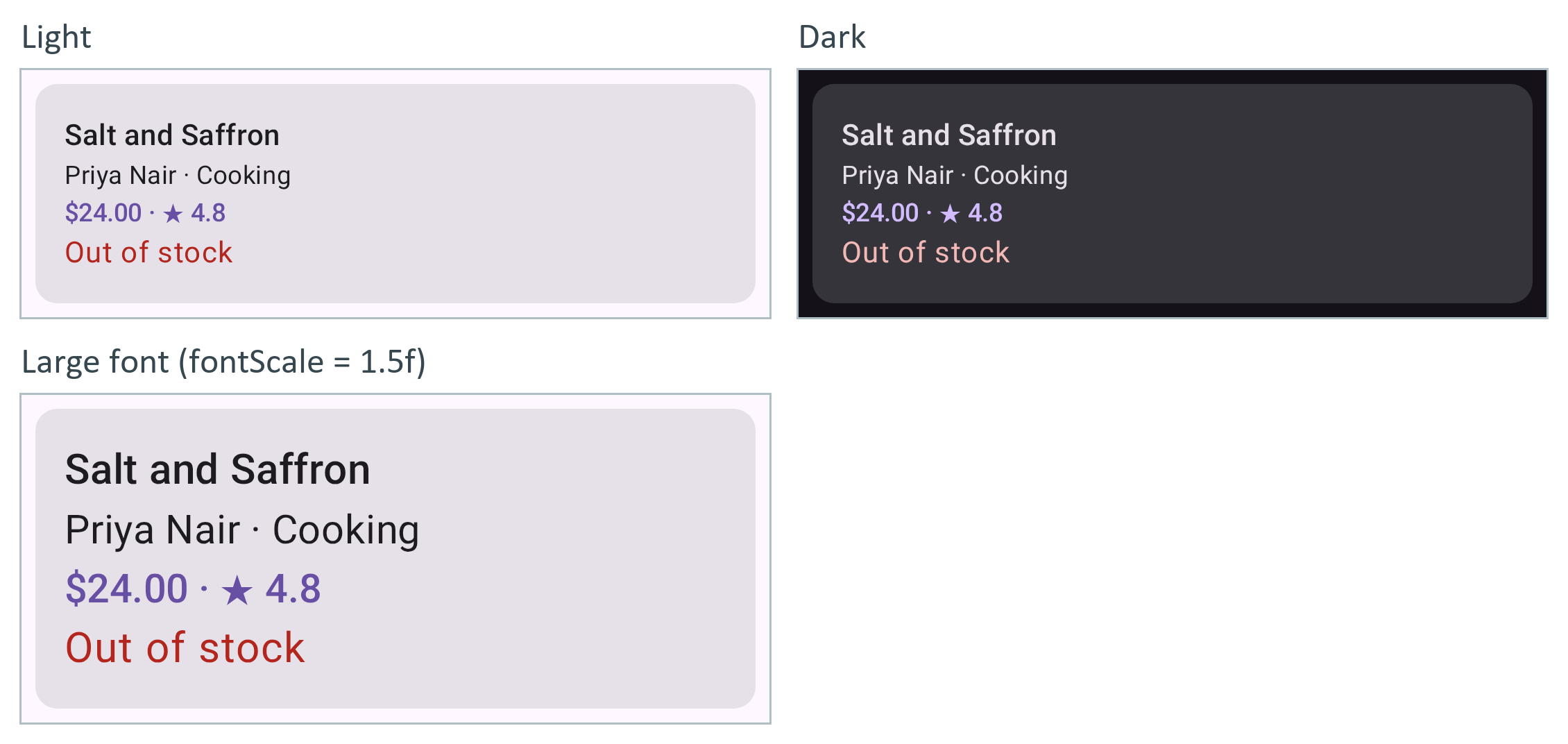 BookCardPreview rendered by Gradle: Light, Dark and Large font