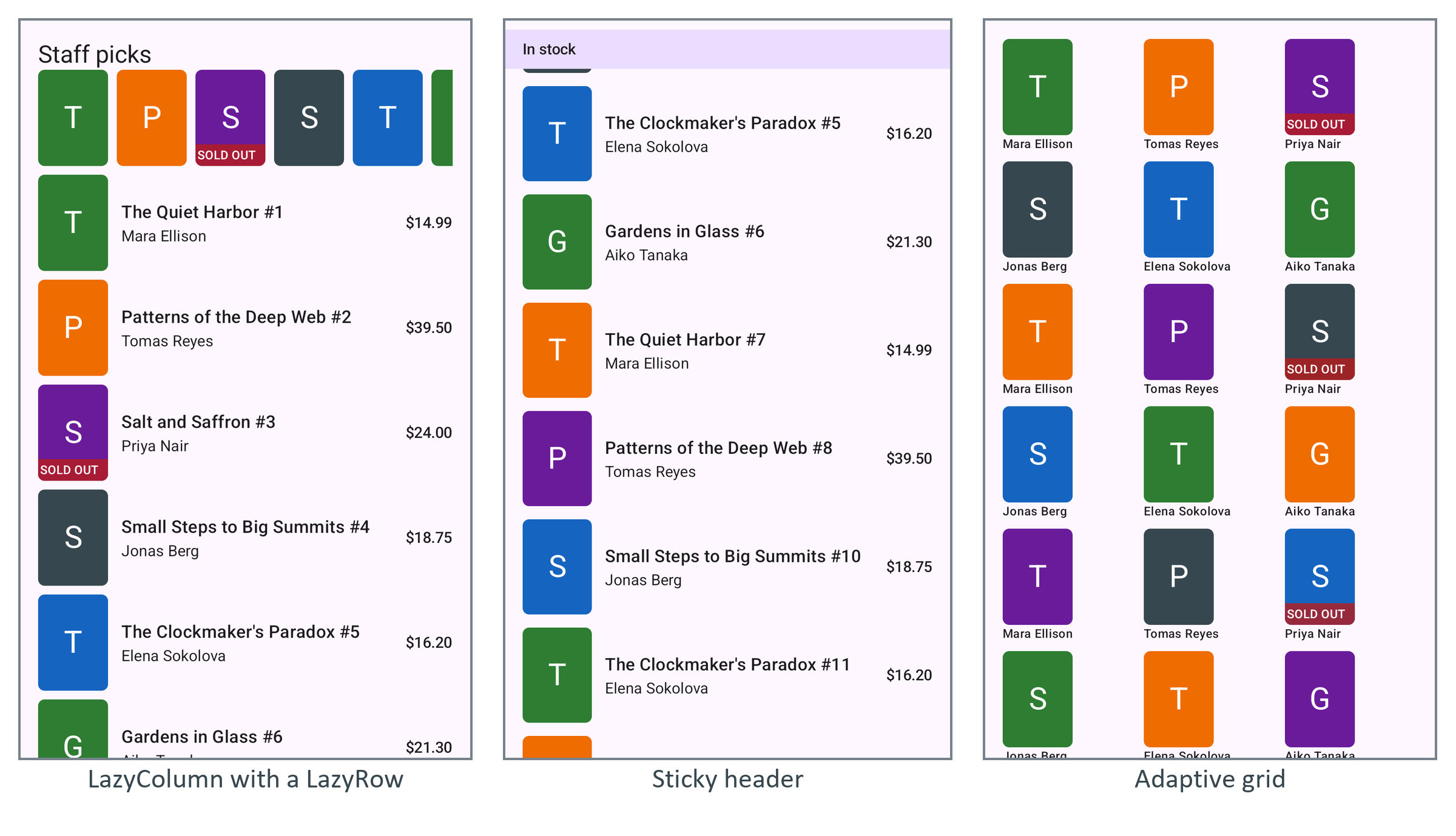 The lazy catalog of Section 5.17.1, the sticky "In stock" header after a swipe, and the cover grid