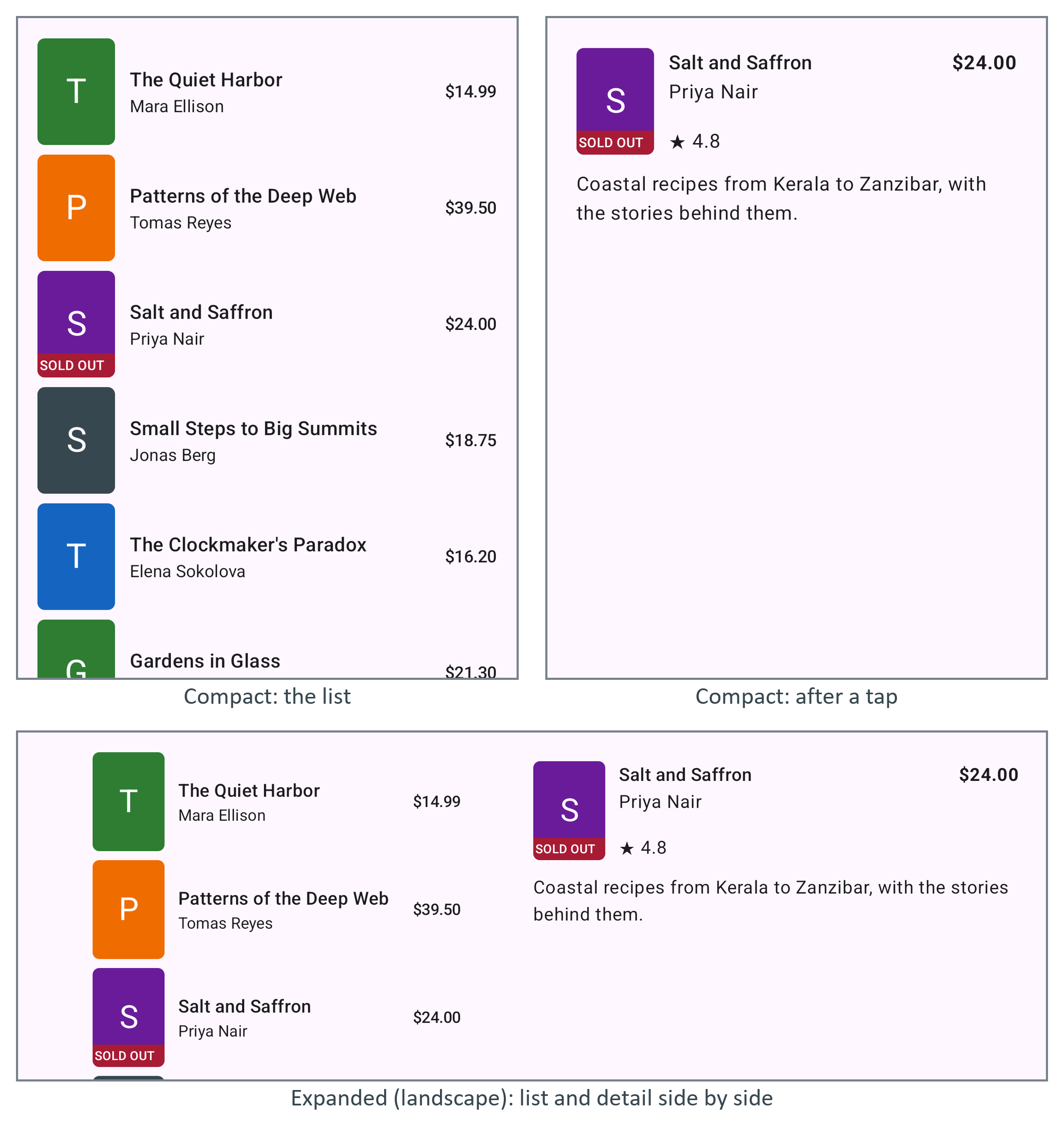 BookNest's catalog in a compact window, before and after a tap, and in an expanded window